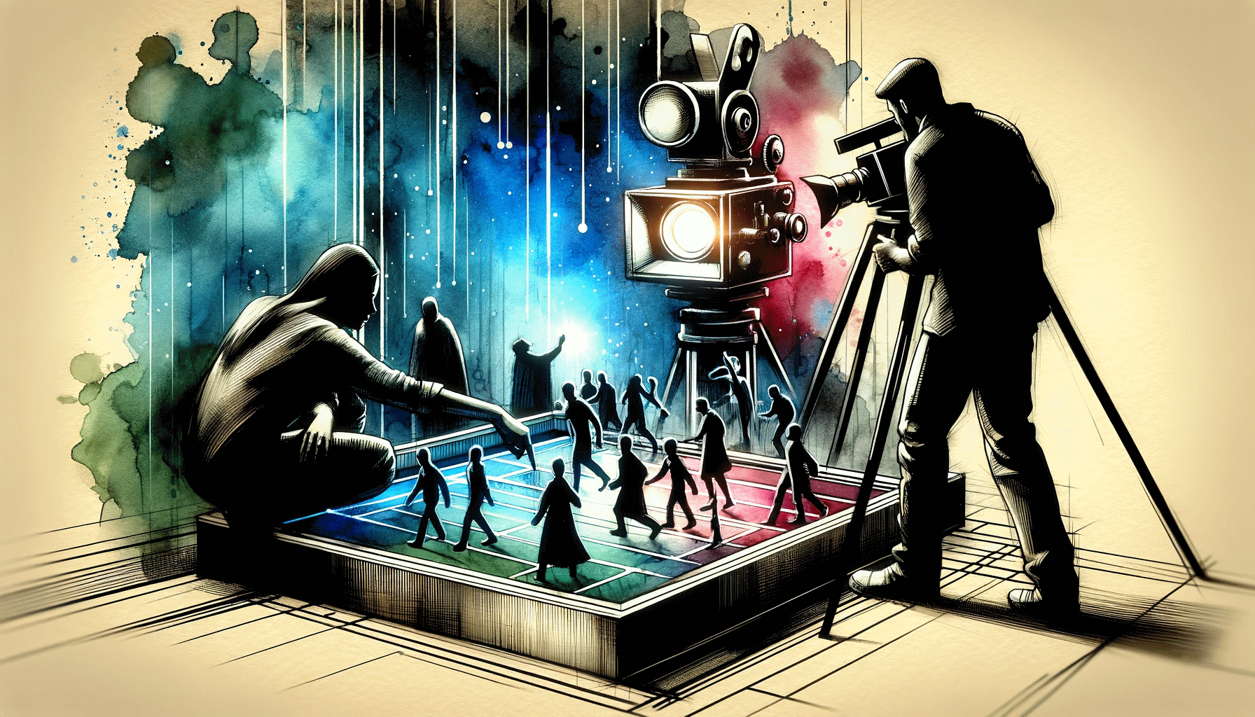 [two people are engaged in a creative activity, playing with a sci-fi diorama]
