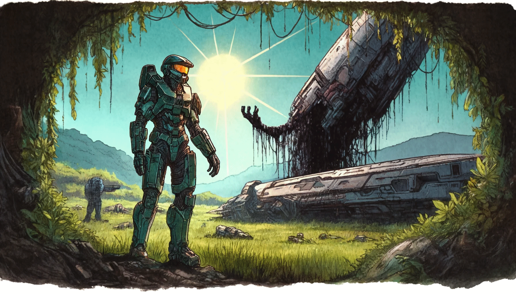 [Złom standing at a distance from the derelict spaceship (Dall-E)]